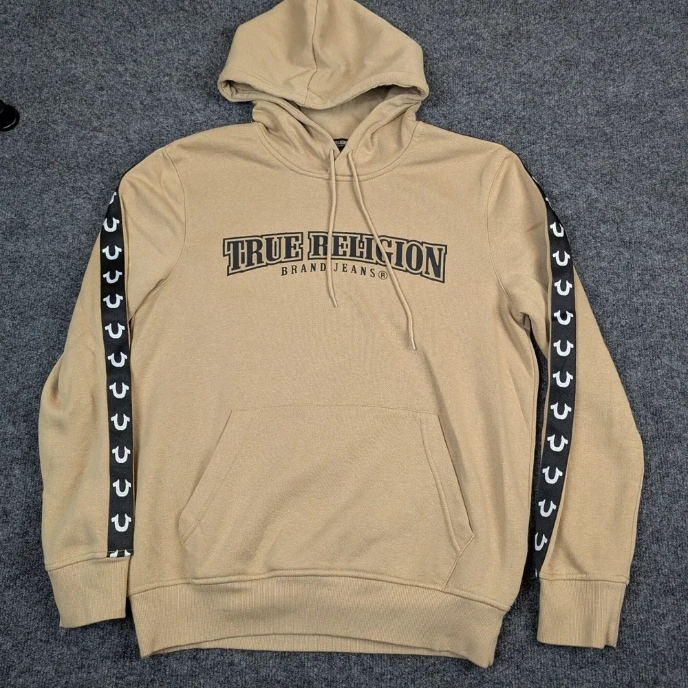 True Religion Arch TR Taping Pull Hoodie Tan Beige Horseshoe Logo Mens L